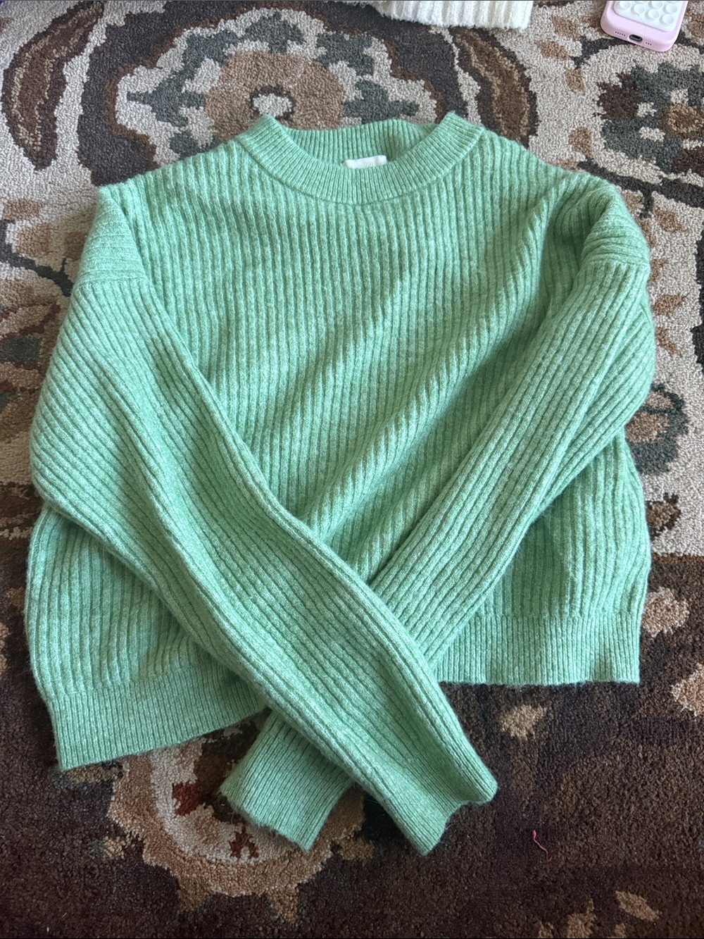 Women's Green Ribbed Crewneck Sweater